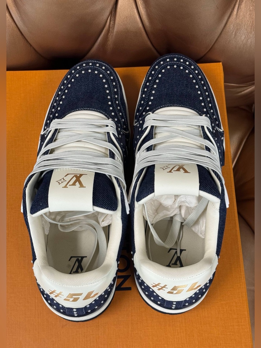 Louis Vuitton LV Trainer Sneaker 1AJ517 Swarovski™ pearls Indigo Blue SIZE 8.5 - Picture 8 of 14